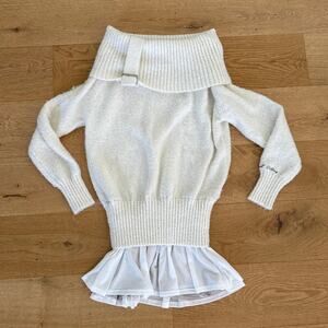 Sweet Chilling - Off Shoulder Mini Sweater Dress with Flare Hem in Off White